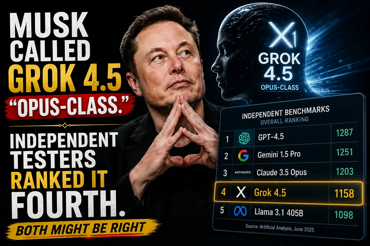 Musk Called Grok 4.5 "Opus-Class." Independent Testers Ranked It Fourth. Both Might Be Right